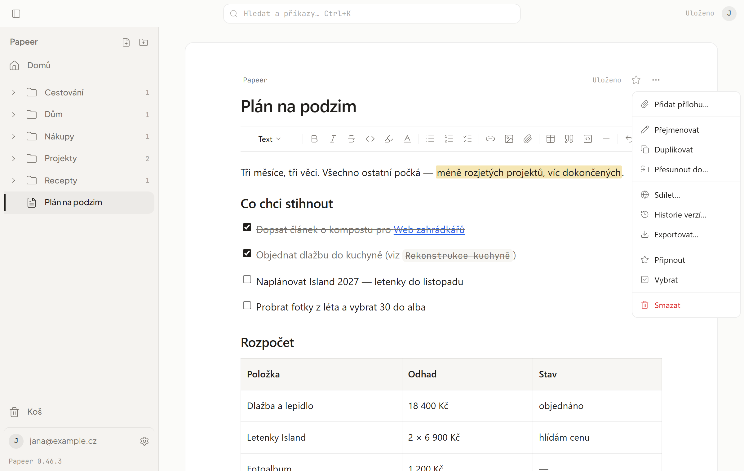 Menu dokumentu s položkami Přejmenovat, Přesunout do, Duplikovat, Sdílet, Připnout a Smazat