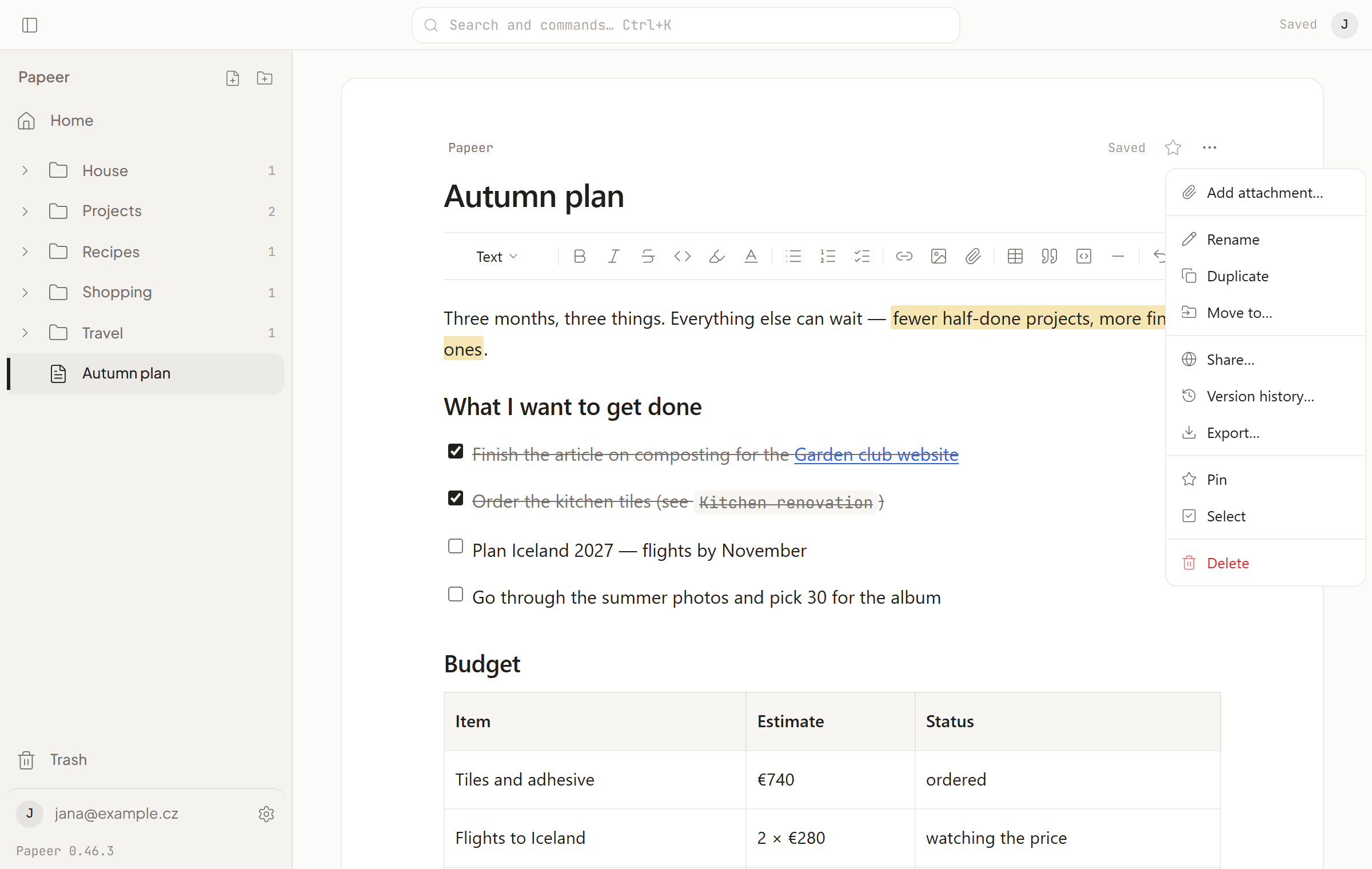 Document menu with Rename, Move to, Duplicate, Share, Pin and Delete