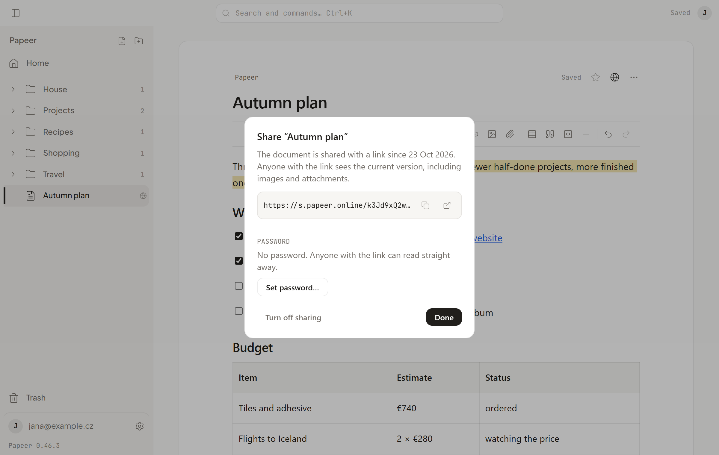 The Share dialog with the link, password and switch