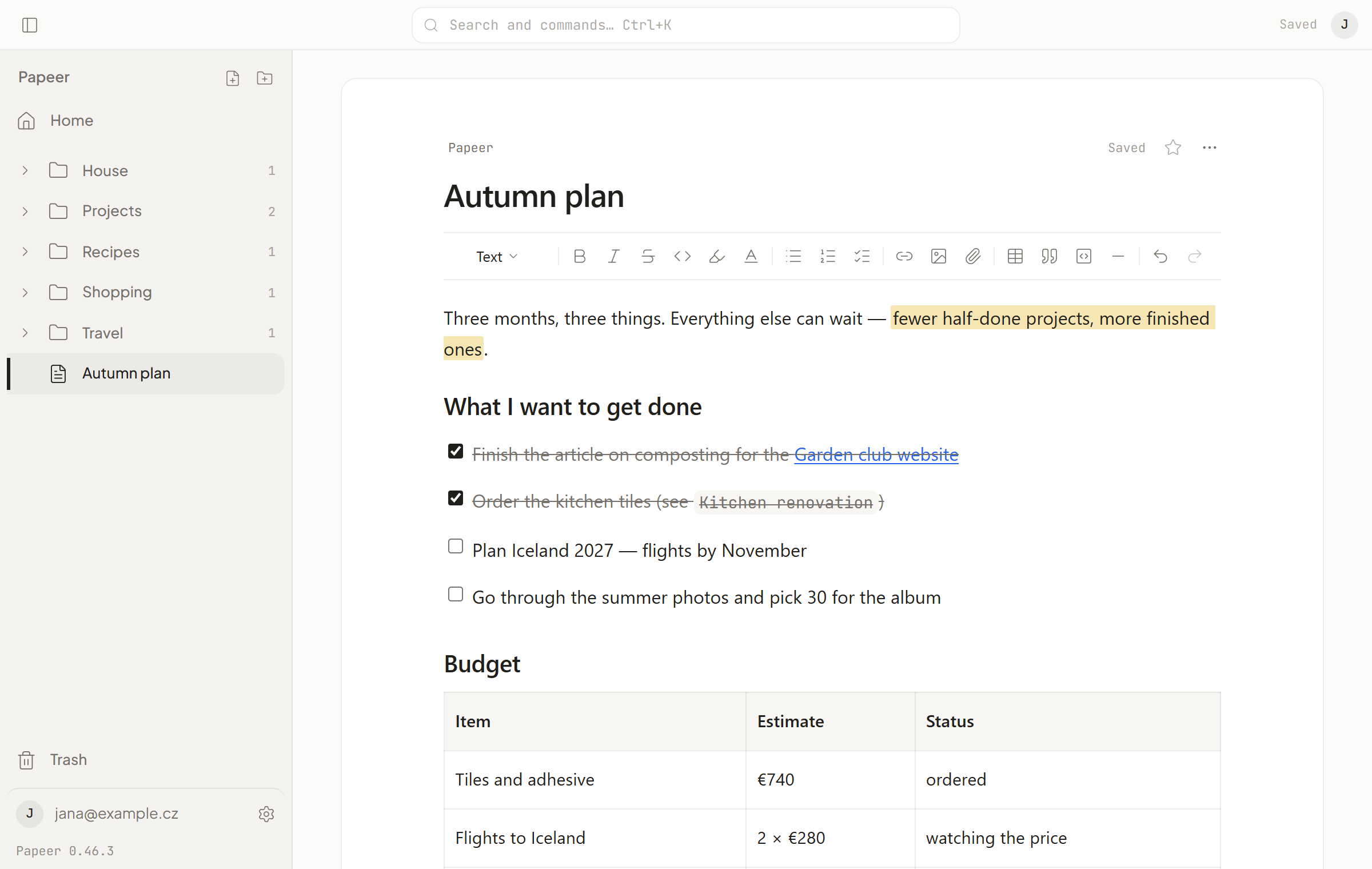 The sidebar with folders on the left and an open document on the right