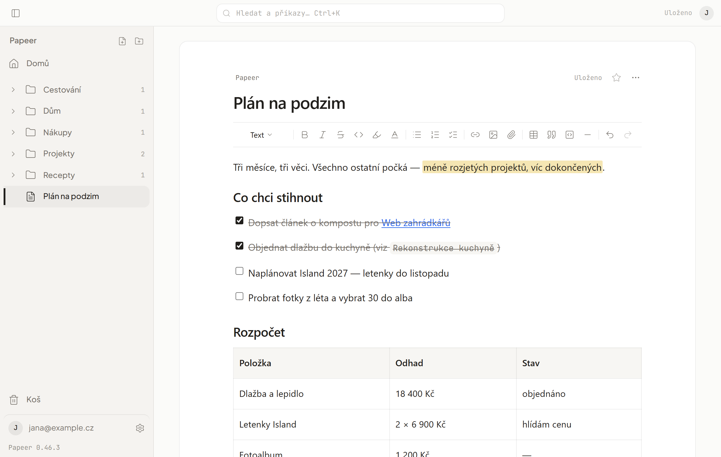 Panel se složkami vlevo a otevřený dokument vpravo